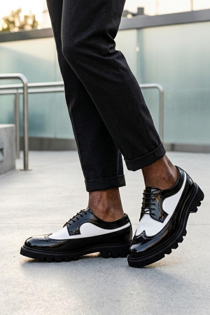 Men's 2 Tone Patent Brogues - Black & White Chunky Derby Shoes