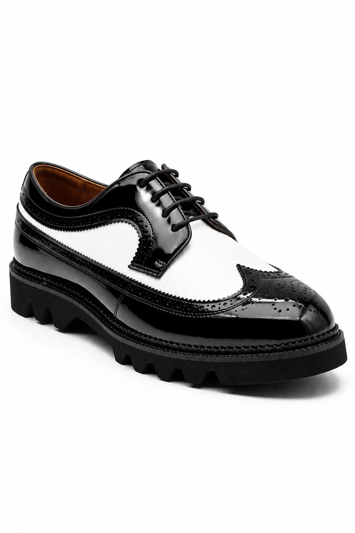 Men's 2 Tone Patent Brogues - Black & White Chunky Derby Shoes