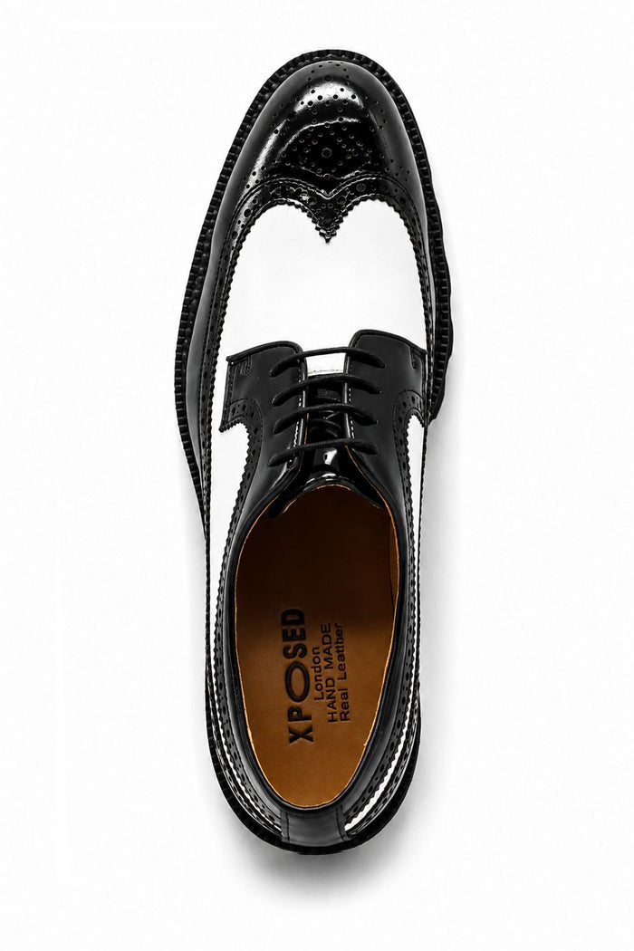 Men's 2 Tone Patent Brogues - Black & White Chunky Derby Shoes
