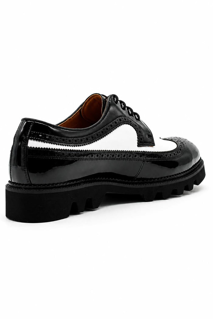 Men's 2 Tone Patent Brogues - Black & White Chunky Derby Shoes