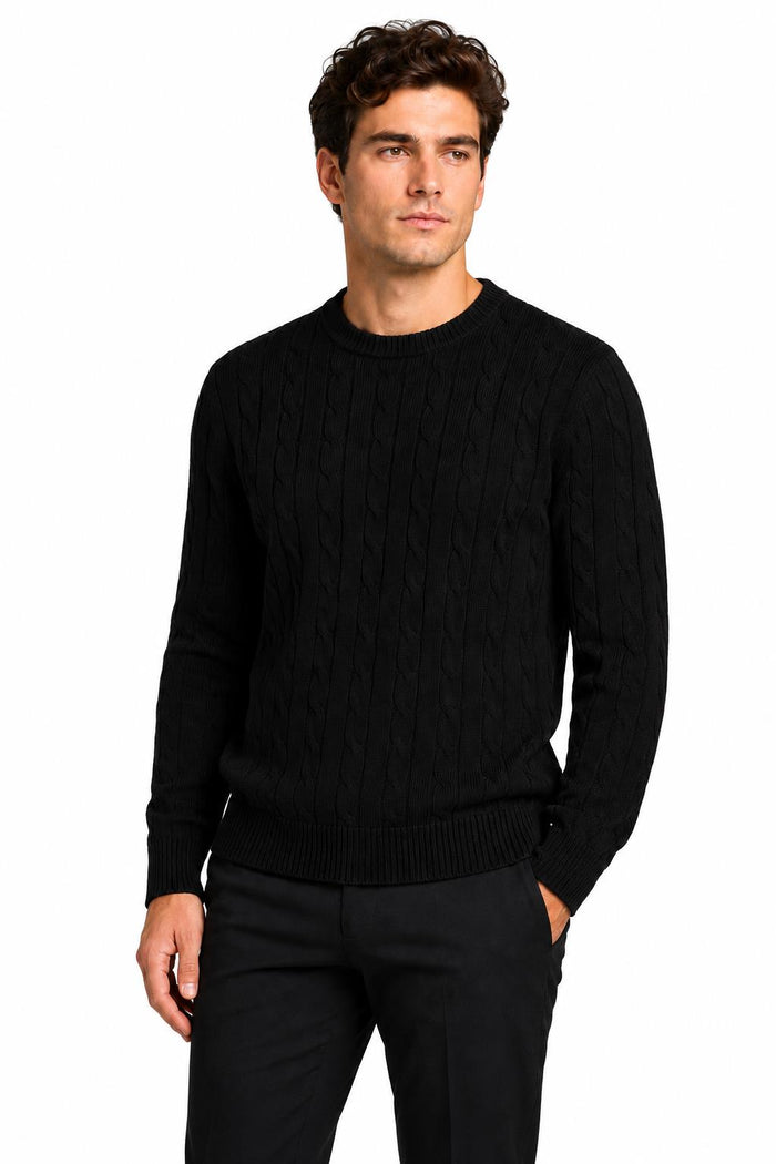 Men's Black 100% Cotton Fine Cable Knit Crew Neck Jumper