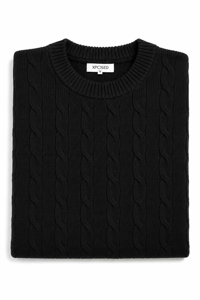 Men's Black 100% Cotton Fine Cable Knit Crew Neck Jumper