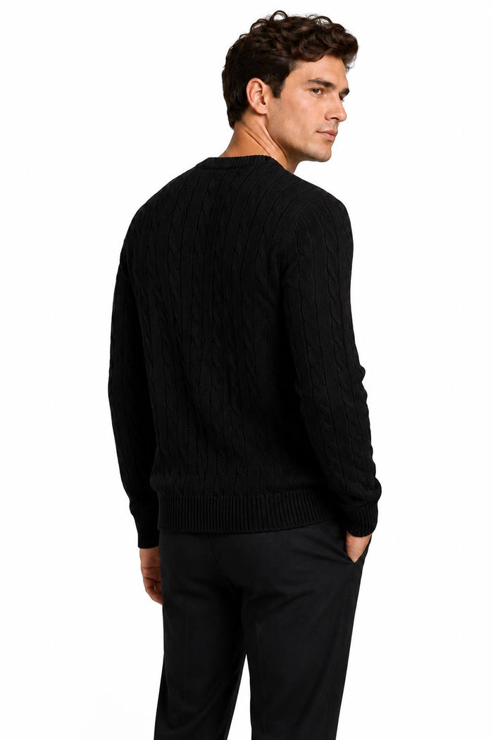 Men's Black 100% Cotton Fine Cable Knit Crew Neck Jumper