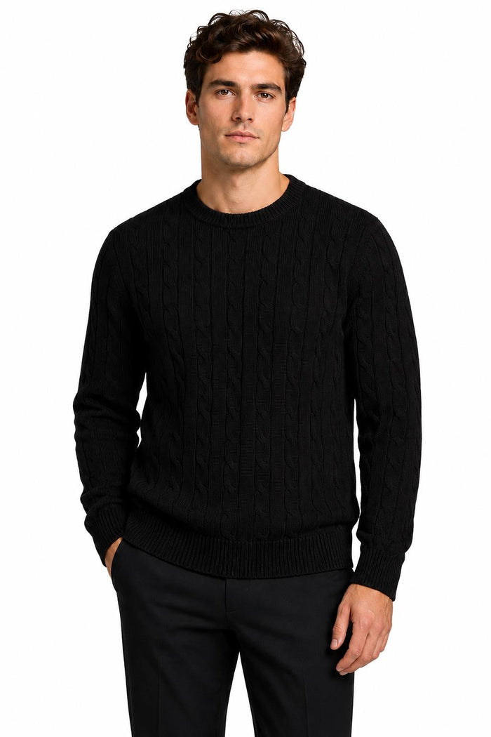 Men's Black 100% Cotton Fine Cable Knit Crew Neck Jumper