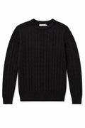 Men's Black 100% Cotton Fine Cable Knit Crew Neck Jumper