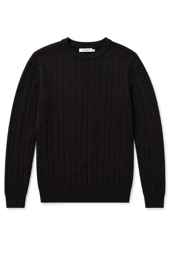 Men's Black 100% Cotton Fine Cable Knit Crew Neck Jumper