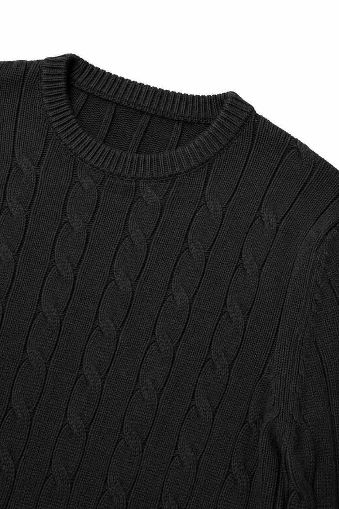 Men's Black 100% Cotton Fine Cable Knit Crew Neck Jumper