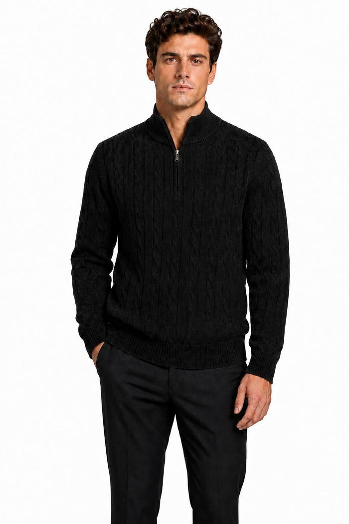 Men's Black 100% Cotton Fine Cable Knit Quarter Zip Neck Jumper
