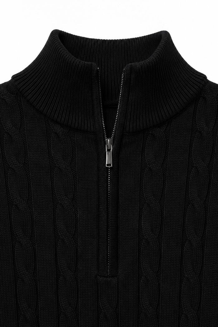 Men's Black 100% Cotton Fine Cable Knit Quarter Zip Neck Jumper