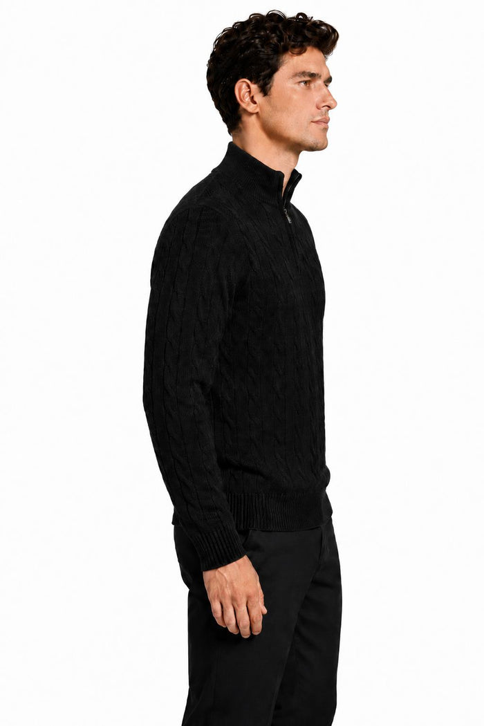 Men's Black 100% Cotton Fine Cable Knit Quarter Zip Neck Jumper