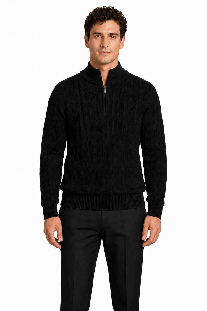 Men's Black 100% Cotton Fine Cable Knit Quarter Zip Neck Jumper