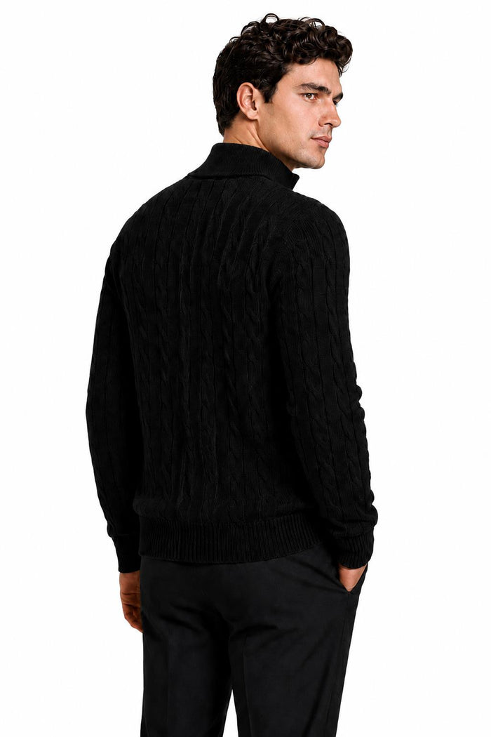 Men's Black 100% Cotton Fine Cable Knit Quarter Zip Neck Jumper