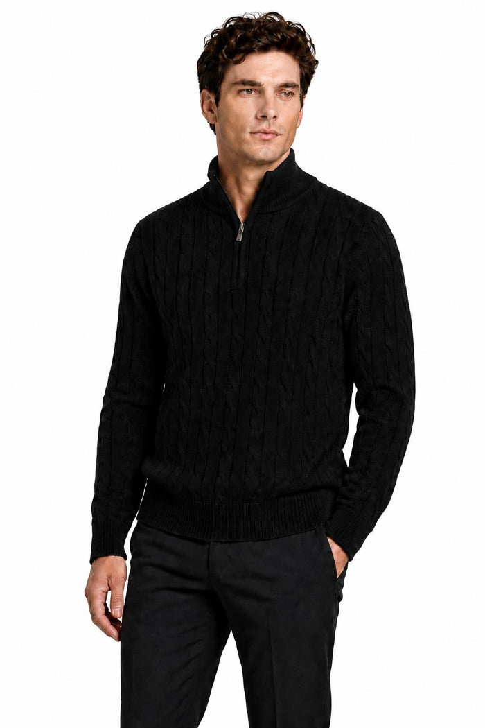 Men's Black 100% Cotton Fine Cable Knit Quarter Zip Neck Jumper