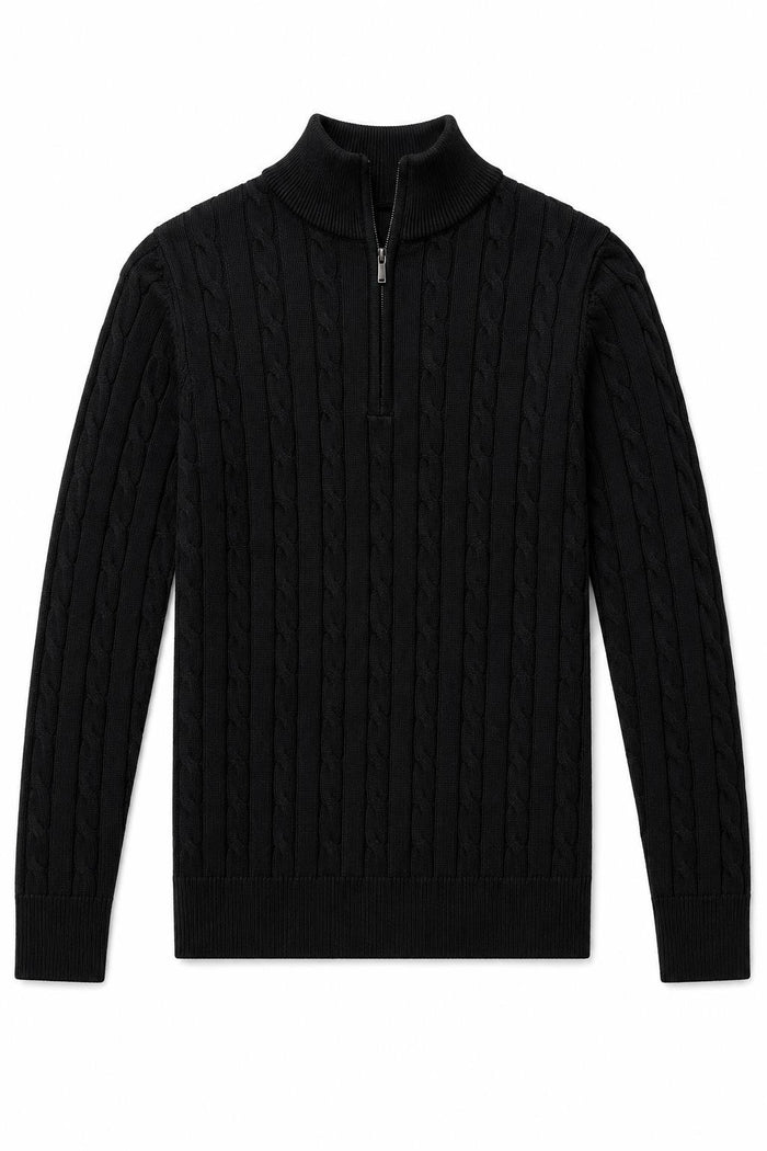 Men's Black 100% Cotton Fine Cable Knit Quarter Zip Neck Jumper