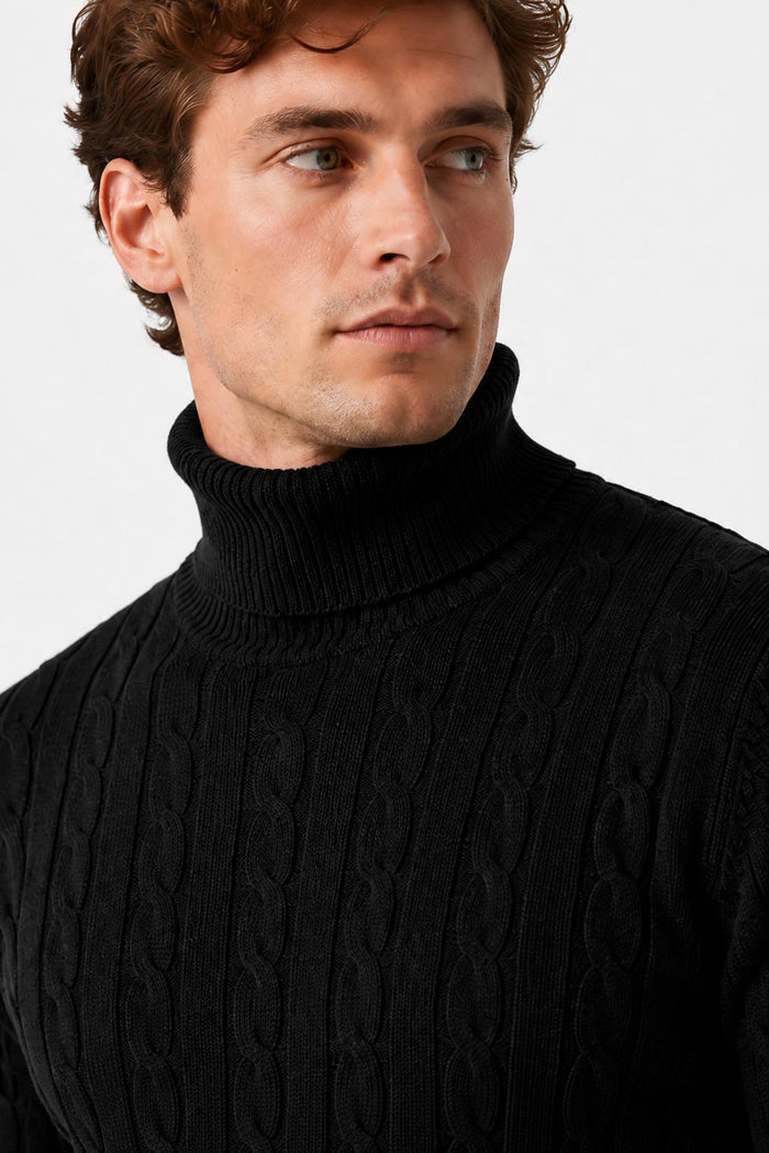 Men's Black 100% Cotton Fine Cable Knit Roll Neck Jumper