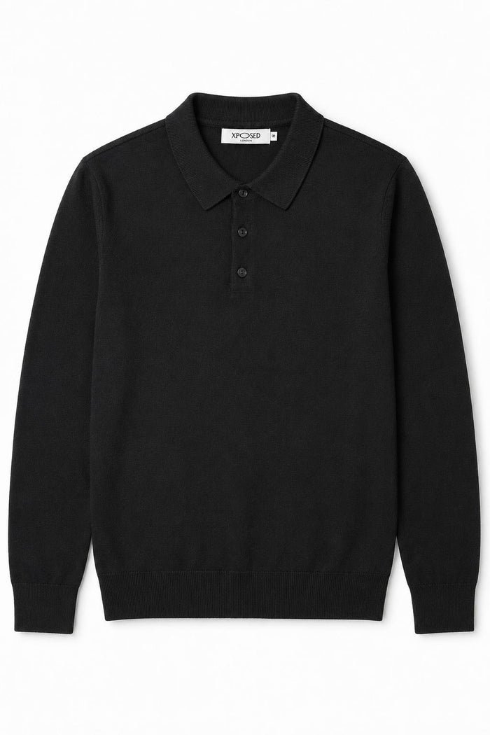 Men's Black 100% Cotton Fine Knit Button Neck Polo Jumper