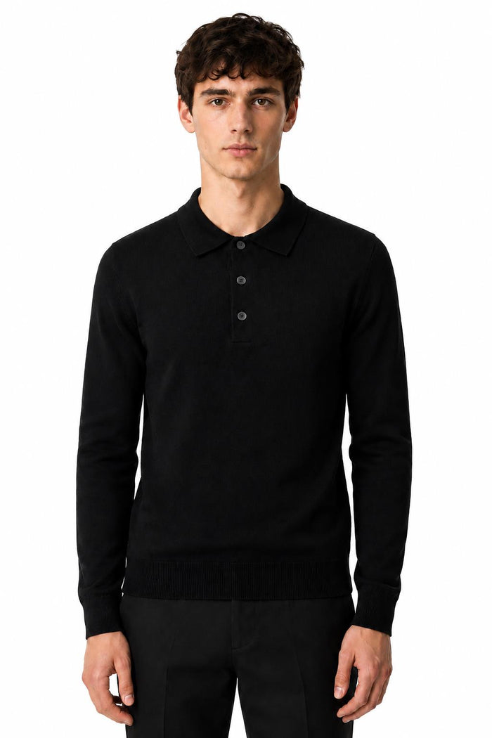 Men's Black 100% Cotton Fine Knit Button Neck Polo Jumper
