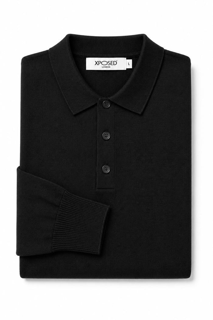 Men's Black 100% Cotton Fine Knit Button Neck Polo Jumper