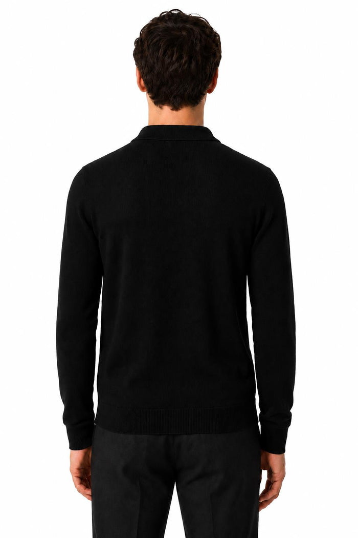 Men's Black 100% Cotton Fine Knit Button Neck Polo Jumper