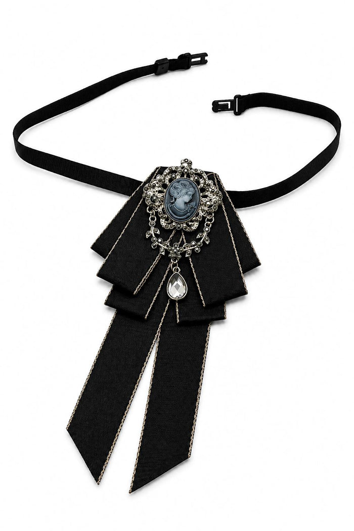 Men’s Black Cameo Jewelled Short Ribbon Brooch Bow Tie