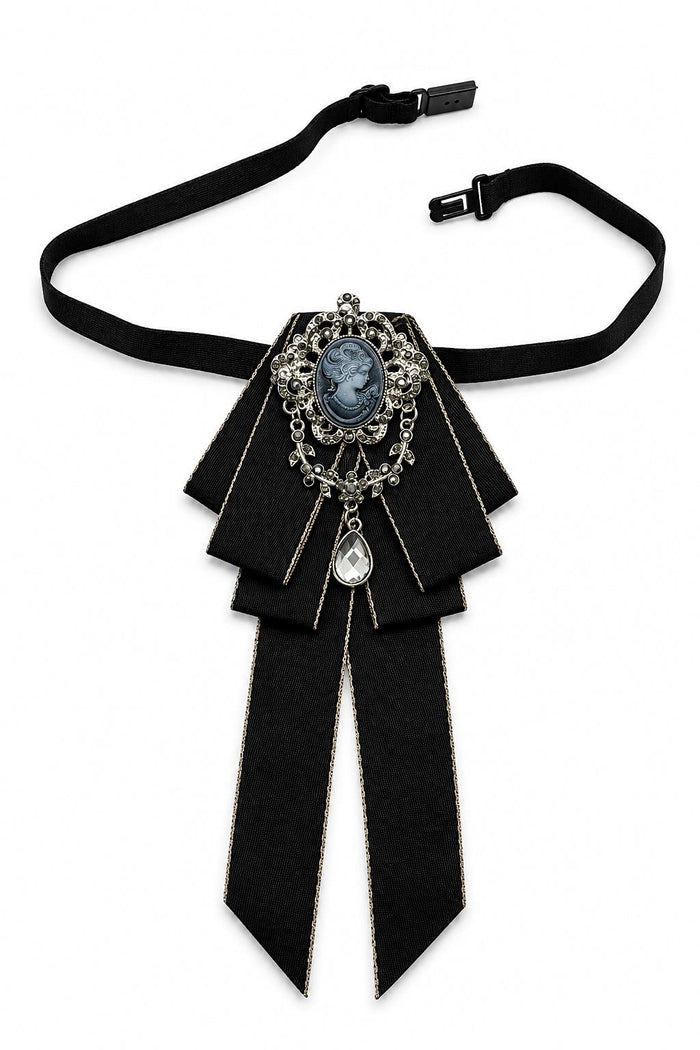Men’s Black Cameo Jewelled Short Ribbon Brooch Bow Tie