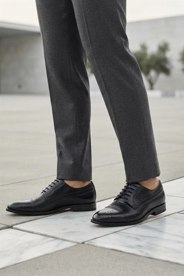 Men's Black Faux Leather Printed Derby Dress Shoes