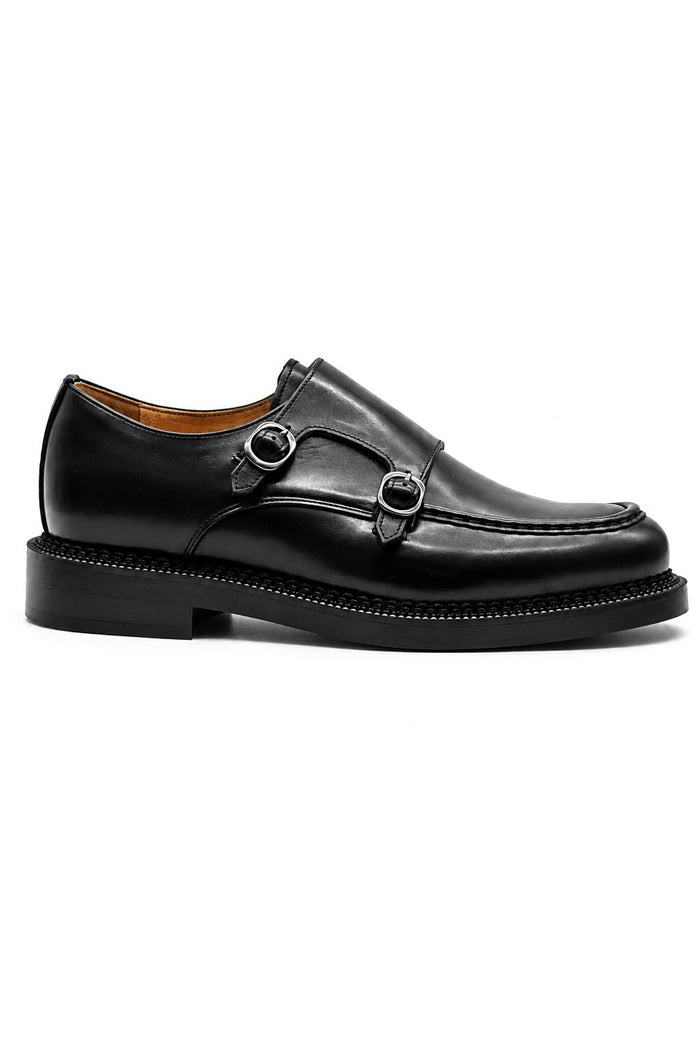 Men's Black Leather Double Monk Strap Shoes - Chunky Sole