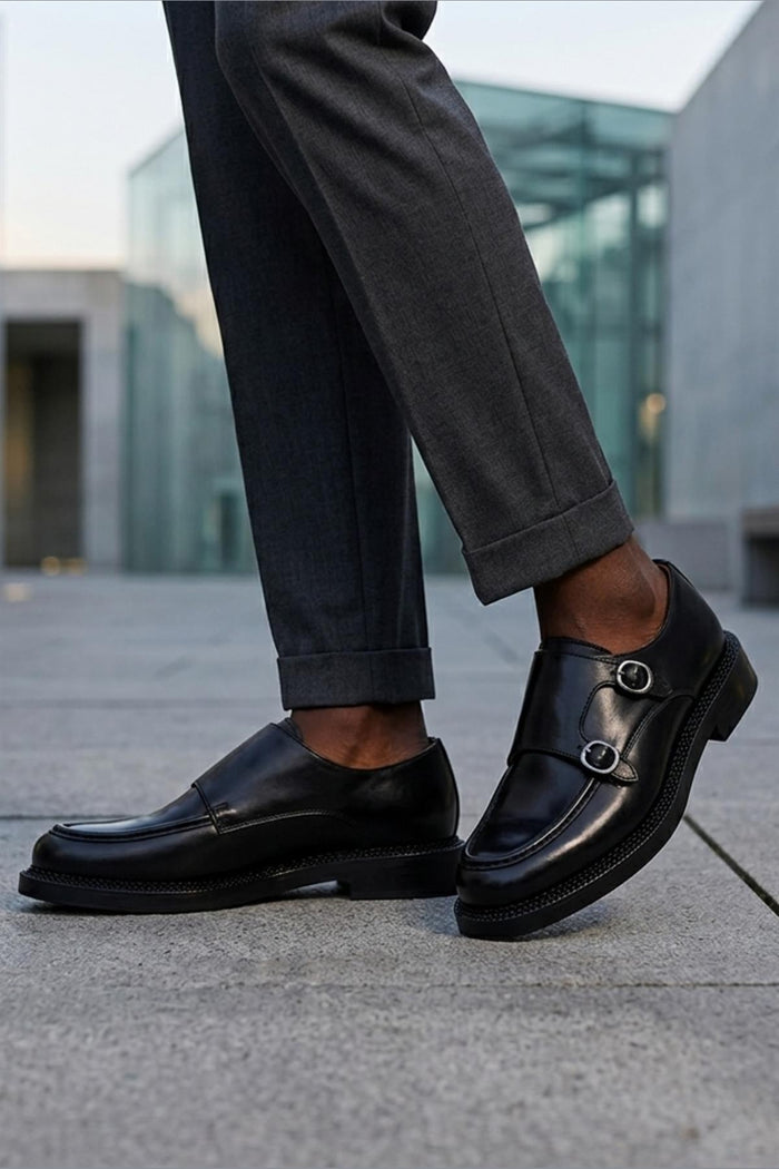 Men's Black Leather Double Monk Strap Shoes - Chunky Sole