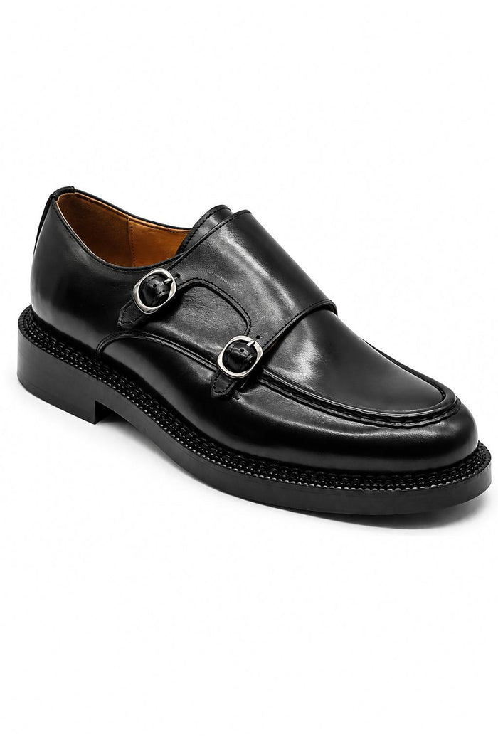 Men's Black Leather Double Monk Strap Shoes - Chunky Sole