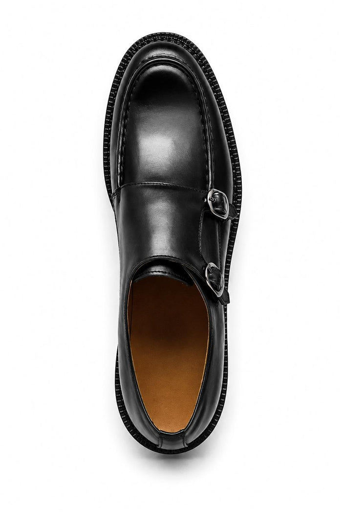 Men's Black Leather Double Monk Strap Shoes - Chunky Sole