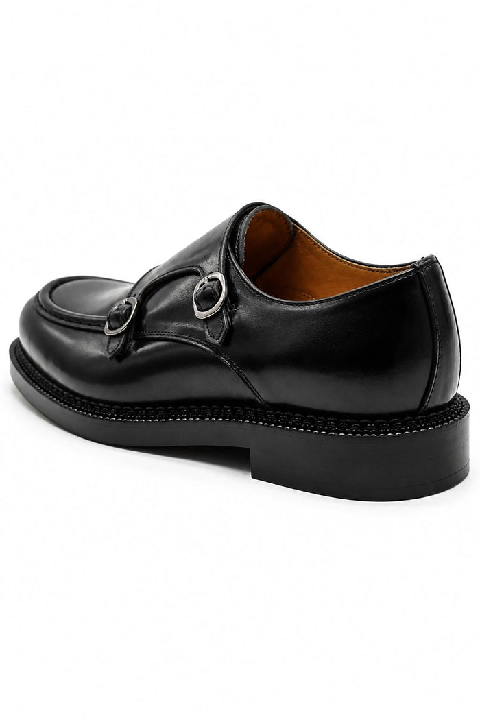 Men's Black Leather Double Monk Strap Shoes - Chunky Sole