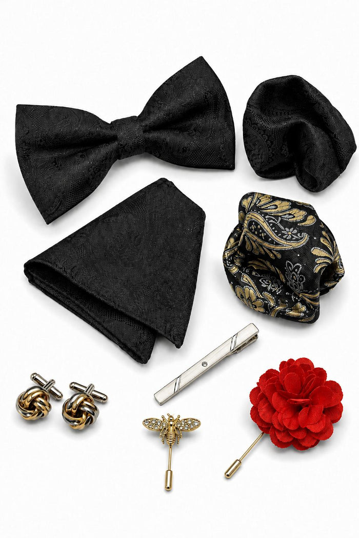Men’s Black Paisley 8-Piece Tie & Bow Tie Wedding Gift Set