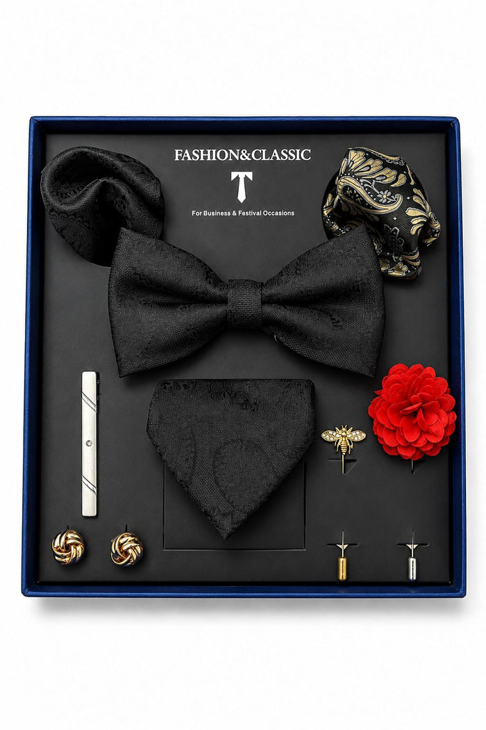 Men’s Black Paisley 8-Piece Tie & Bow Tie Wedding Gift Set