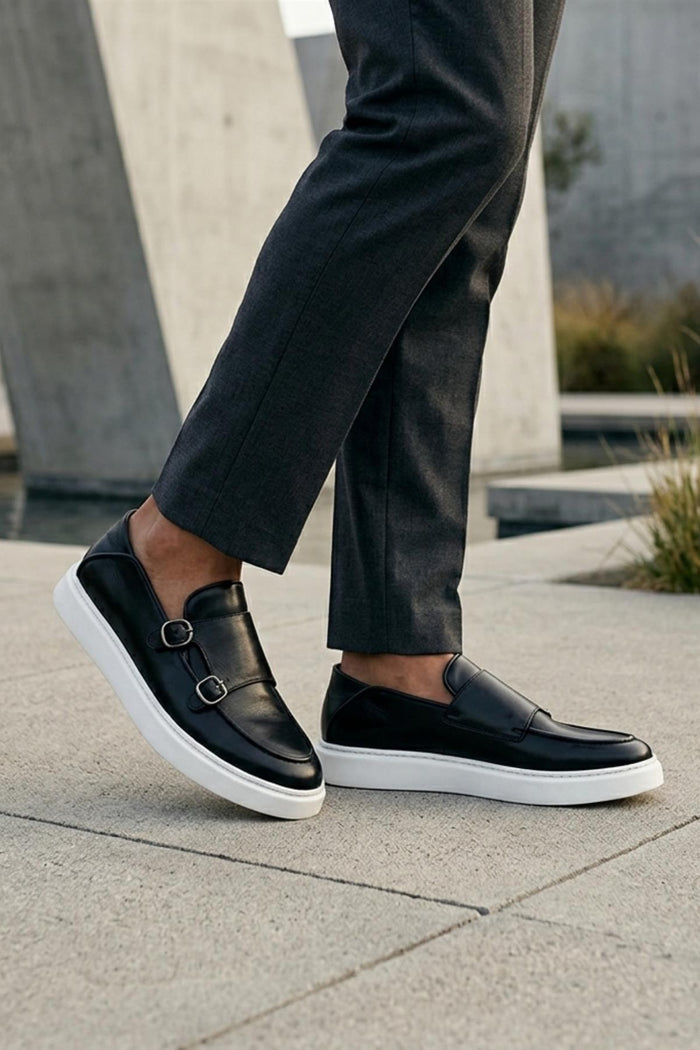 Men's Black Real Leather Double Monk Strap Trainers White Sole