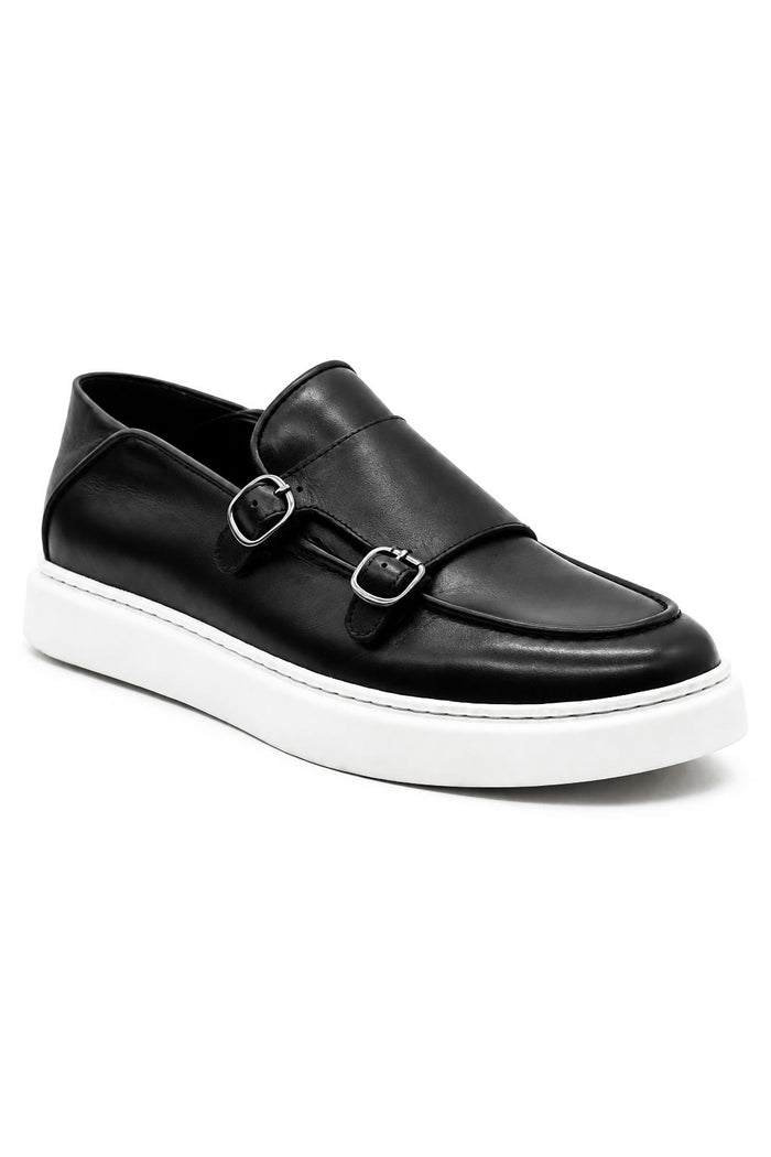 Men's Black Real Leather Double Monk Strap Trainers White Sole