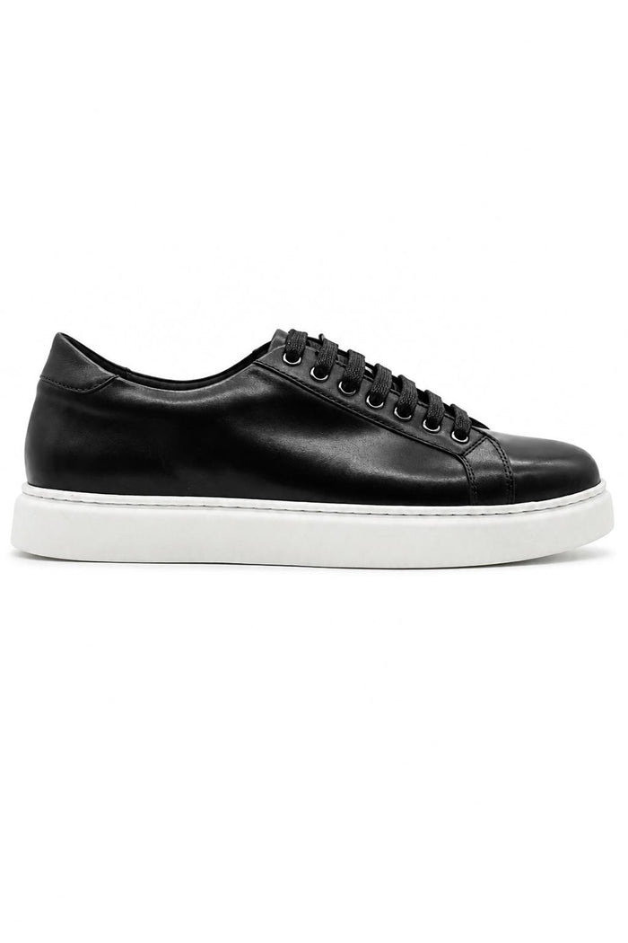 Men's Black Real Leather Lace-Up Trainers White Sole