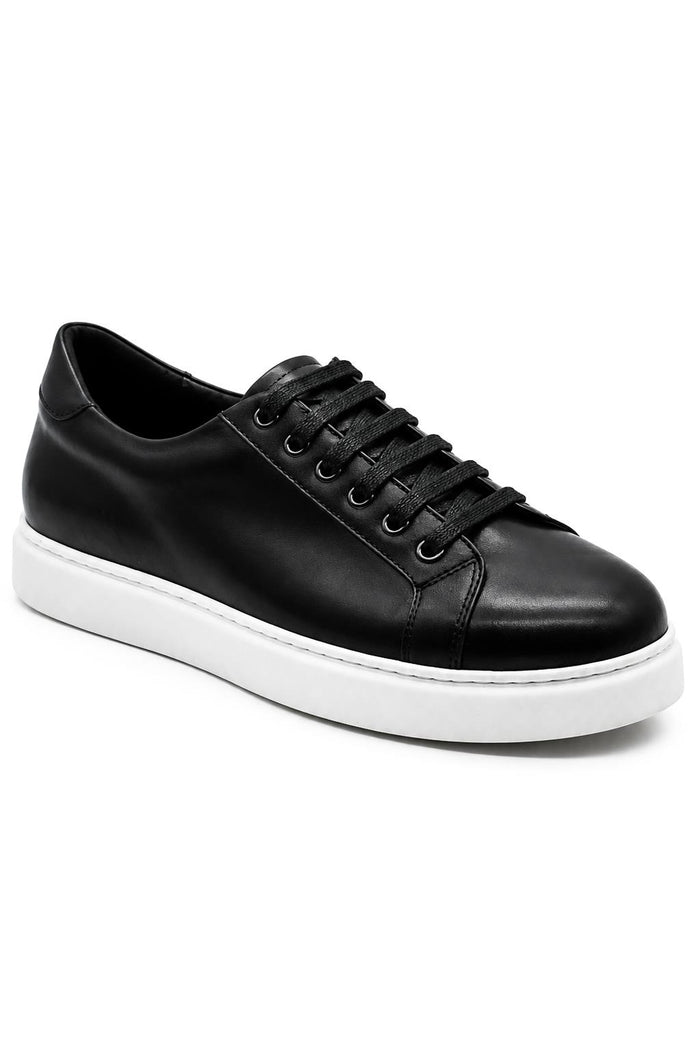 Men's Black Real Leather Lace-Up Trainers White Sole