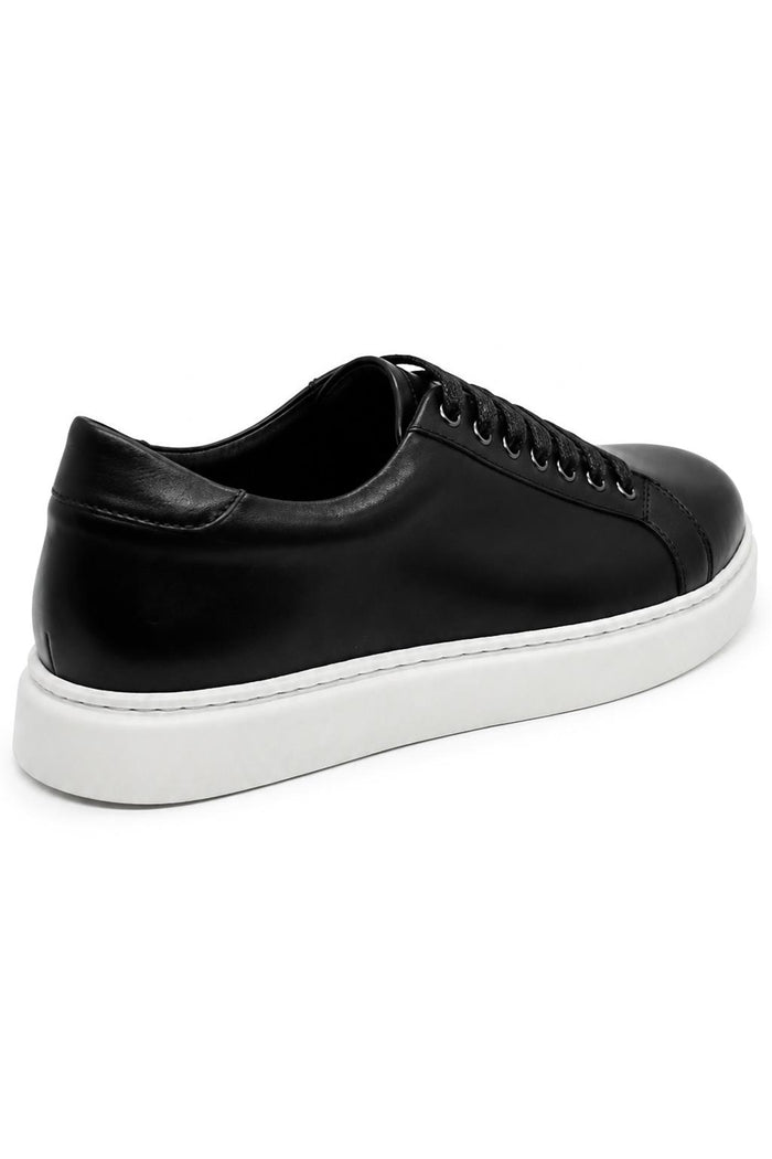 Men's Black Real Leather Lace-Up Trainers White Sole