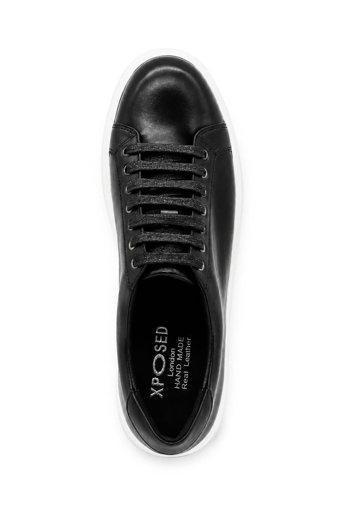 Men's Black Real Leather Lace-Up Trainers White Sole