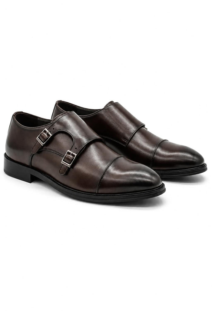 Men's Brown Double Monk Strap Cap Toe Formal Shoes
