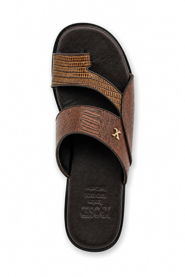 Men's Brown Handmade Real Leather Polished Printed Toe Loop Sandals