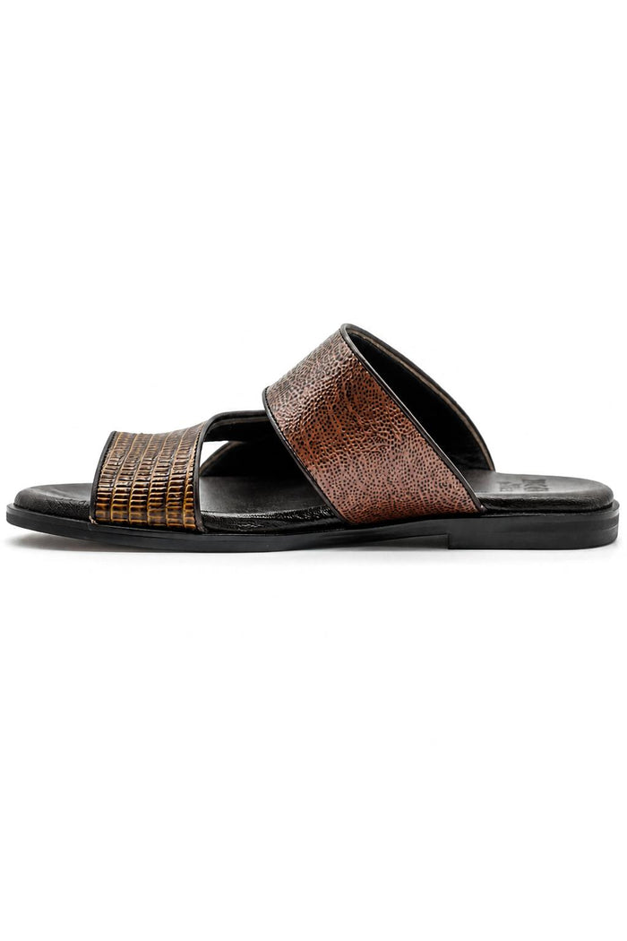 Men's Brown Handmade Real Leather Polished Printed Toe Loop Sandals