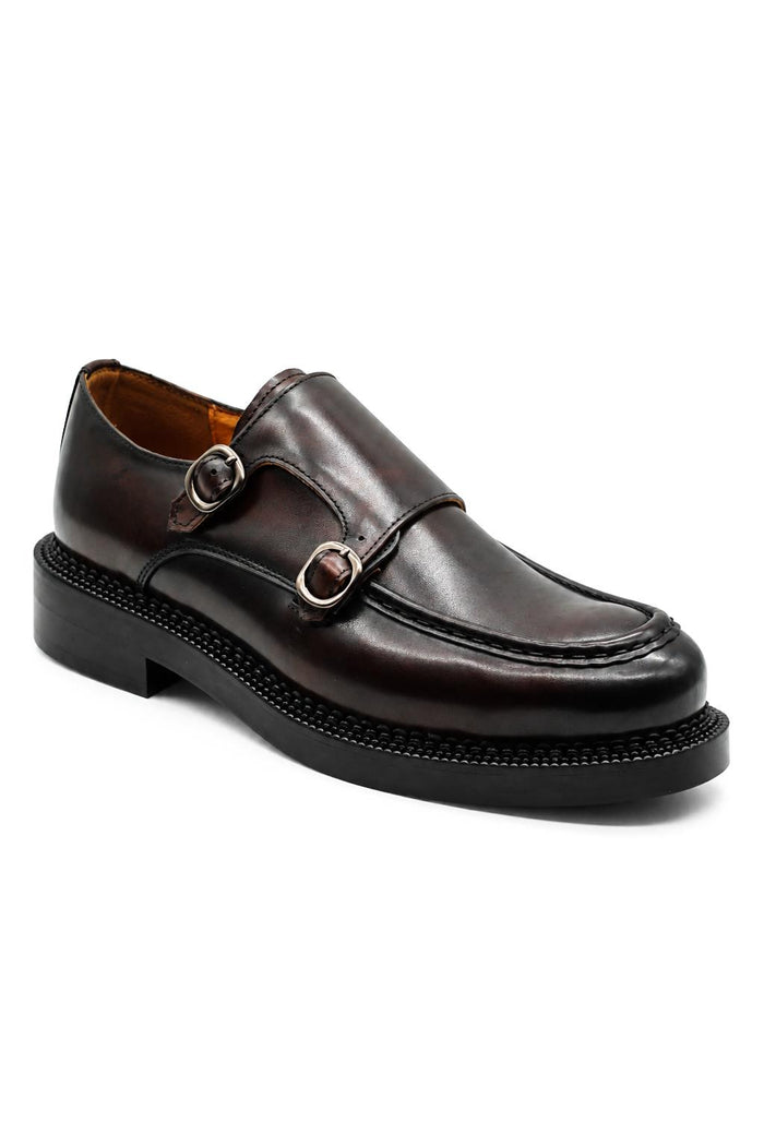 Men's Brown Leather Double Monk Strap Shoes - Chunky Sole