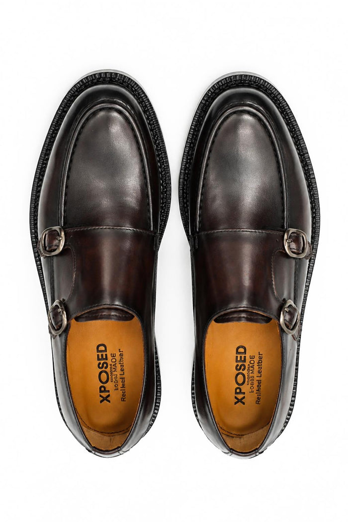 Men's Brown Leather Double Monk Strap Shoes - Chunky Sole
