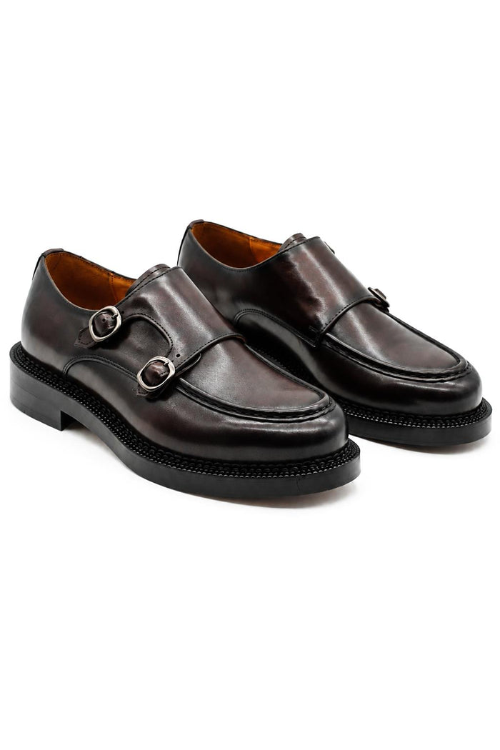 Men's Brown Leather Double Monk Strap Shoes - Chunky Sole