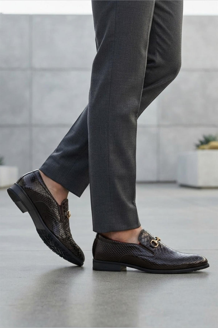 Men's Brown Patent Slip-On Loafers with Gold Snaffle Buckle