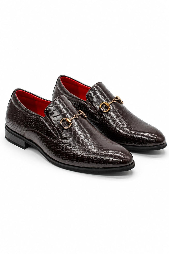 Men's Brown Patent Slip-On Loafers with Gold Snaffle Buckle