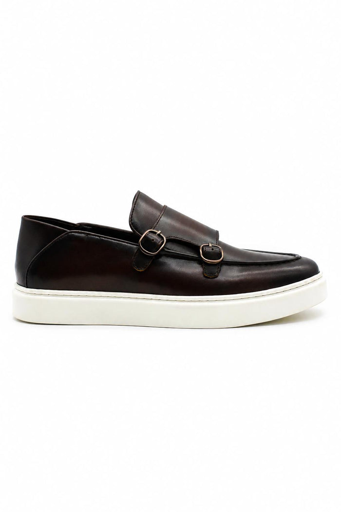 Men's Brown Real Leather Double Monk Strap Trainers White Sole