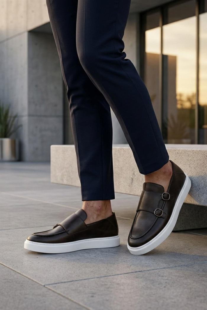 Men's Brown Real Leather Double Monk Strap Trainers White Sole