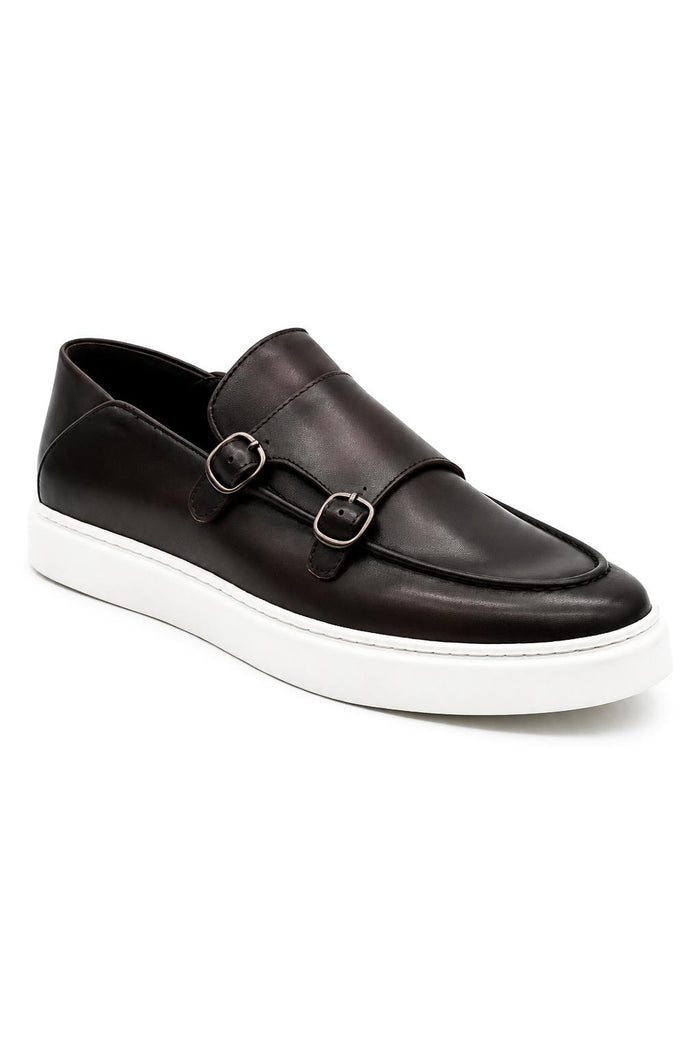 Men's Brown Real Leather Double Monk Strap Trainers White Sole